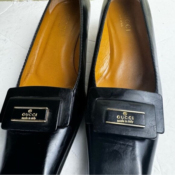 Gucci Tom Ford Vintage NEW Leather Logo Square Toe Kitten Heel shoes Loafers 7B - Picture 4 of 16